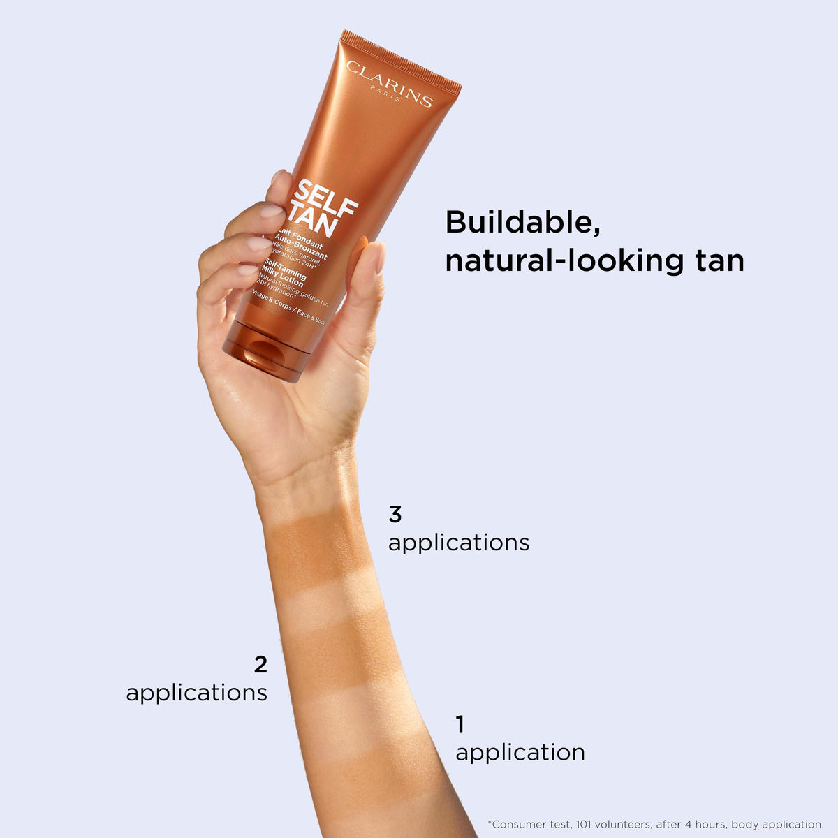 Clarins application on forearm close-up showing streak-free blending and even coverage benefit
