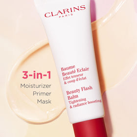 Clarins primer before-and-after on cheek, improves makeup application and texture