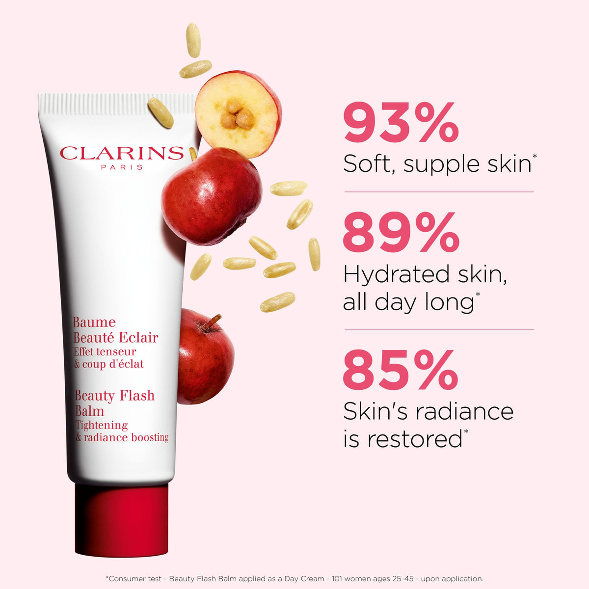Clarins close-up of balm texture, highlights lightweight hydrating finish
