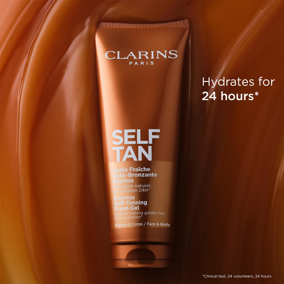 Clarins before and after comparison showing natural golden glow