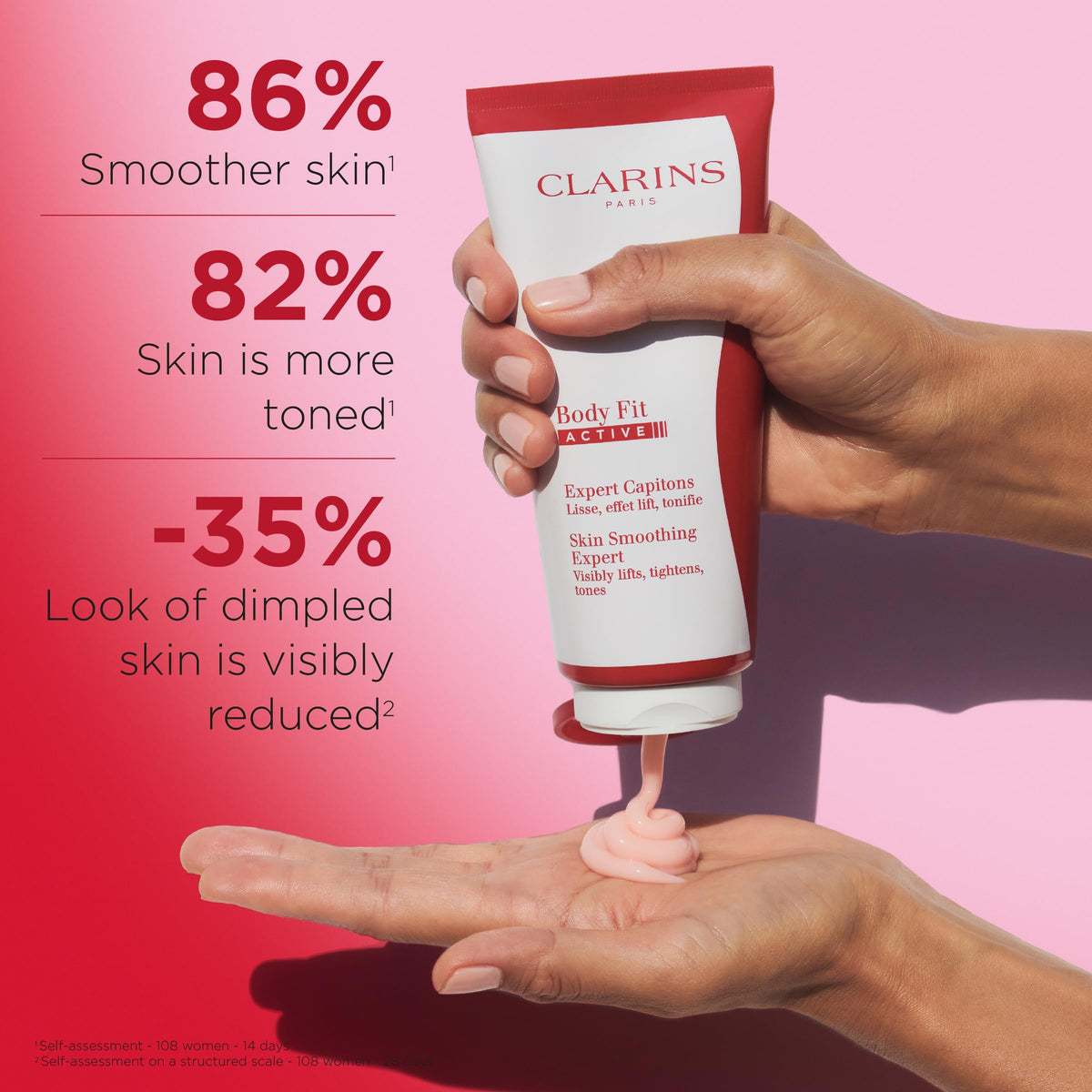 Clarins Body Fit texture close-up displays gel-cream consistency for quick absorption benefit
