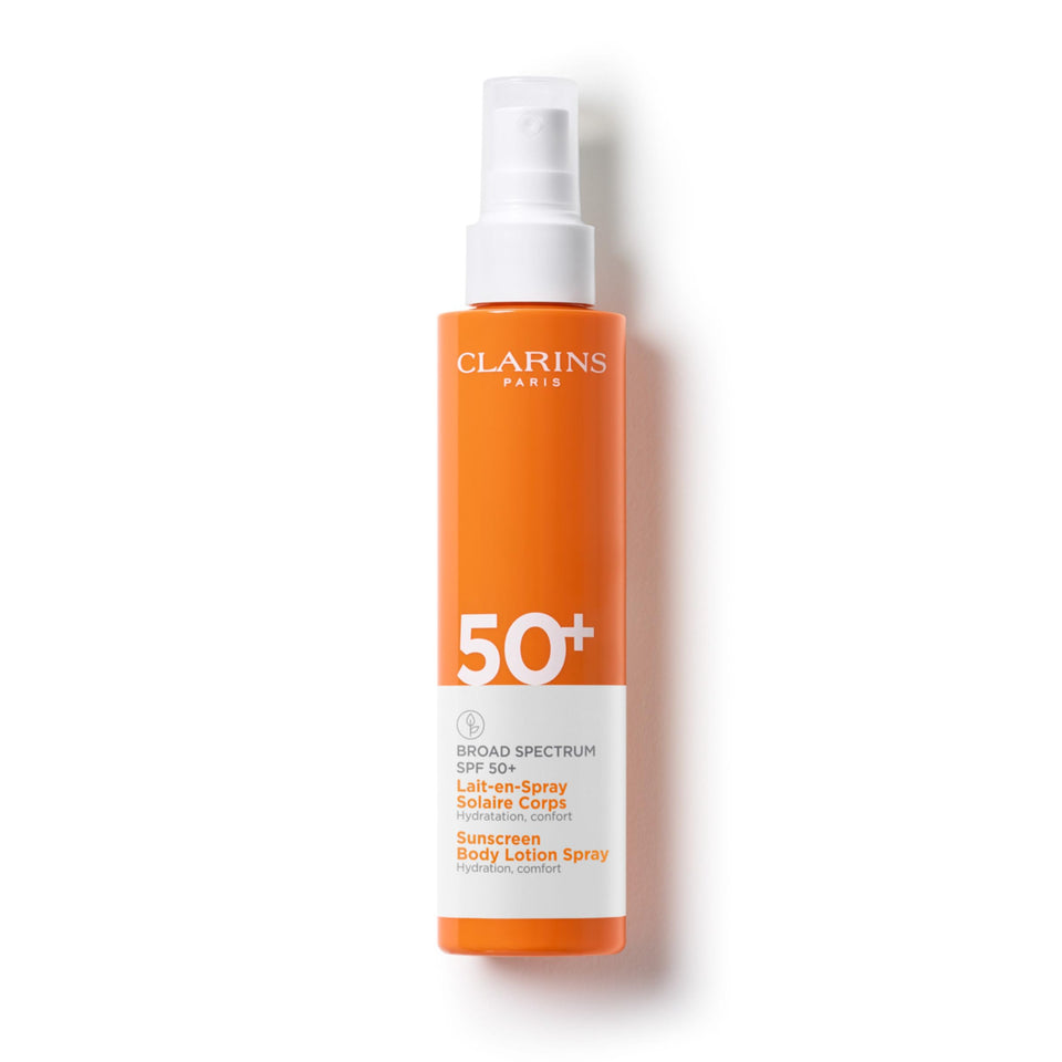 Clarins front packaging of SPF 50+ spray showing product name and size