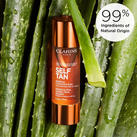 Clarins bottle beside hands showing 1 oz scale and travel-friendly benefit