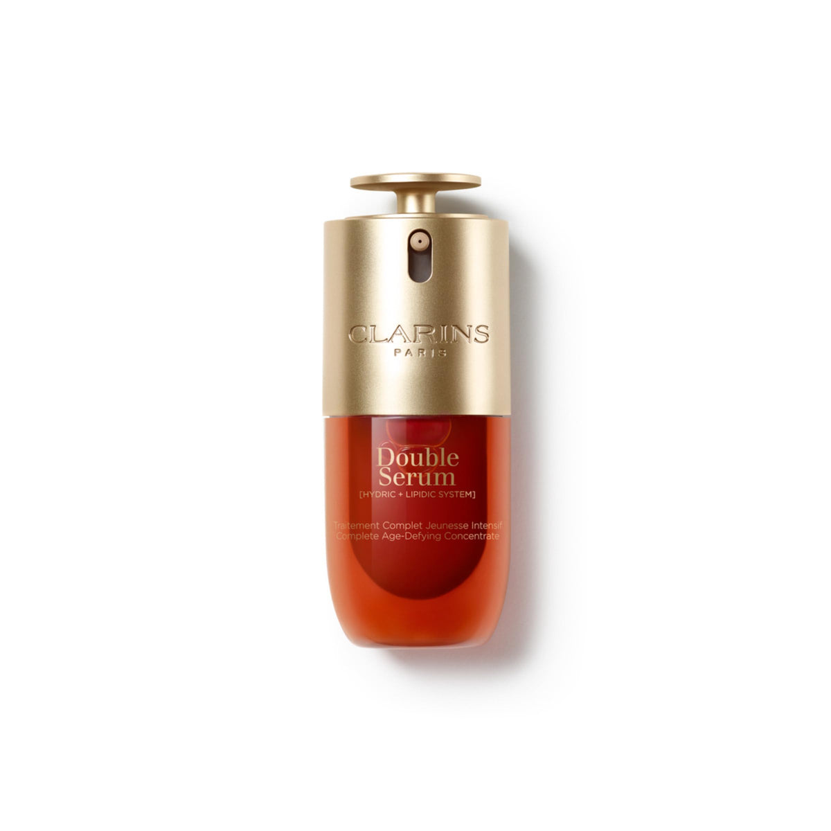 Clarins double serum front bottle showing sleek design and firming benefit