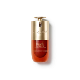 Clarins double serum front bottle showing sleek design and firming benefit