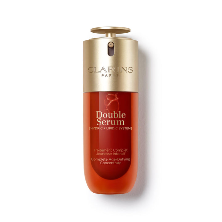 Clarins double serum front bottle showing elegant packaging and anti-aging benefits
