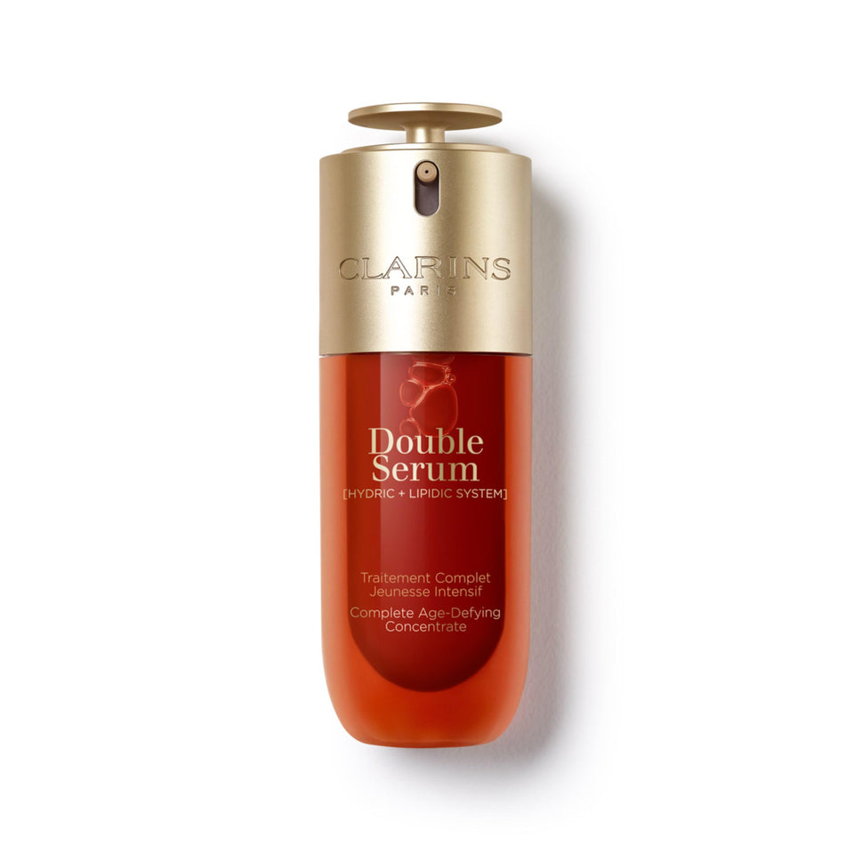 Clarins double serum front bottle showing elegant packaging and anti-aging benefits
