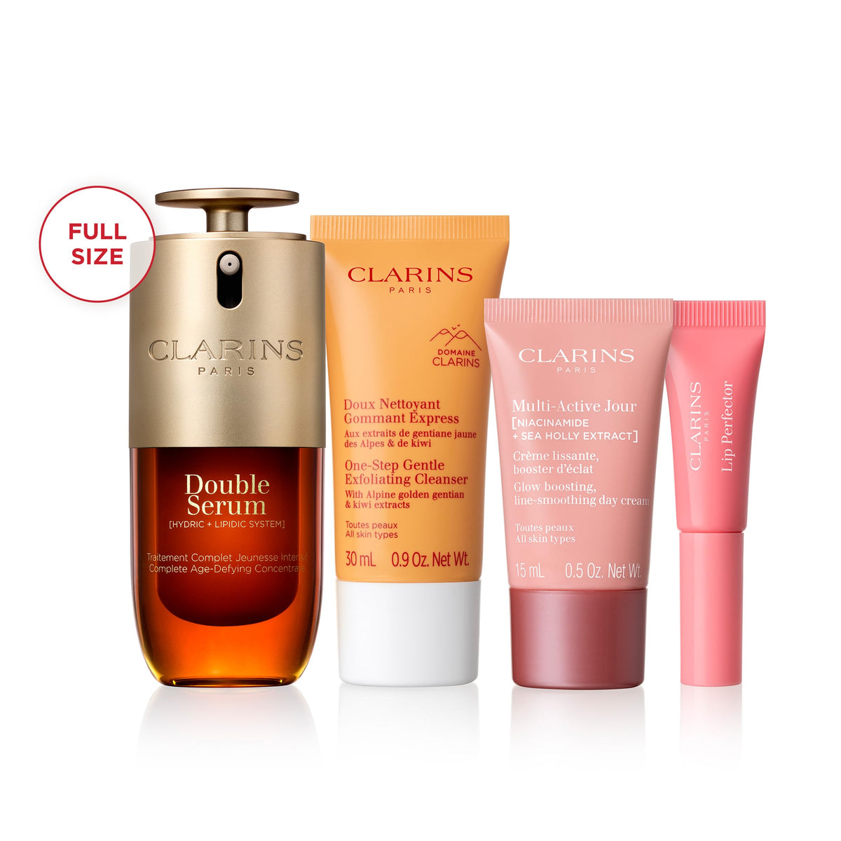 Clarins Double Serum full-size 1 oz bottle highlighting concentrated radiance benefit
