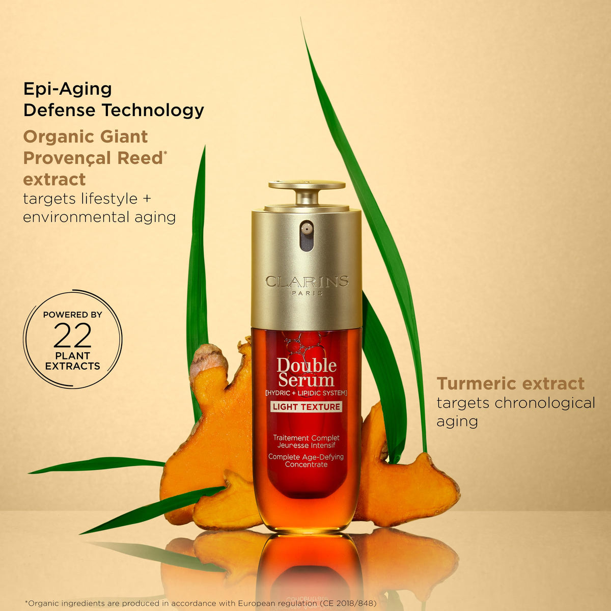 Clarins dual‑phase mix in palm highlighting active botanical combination