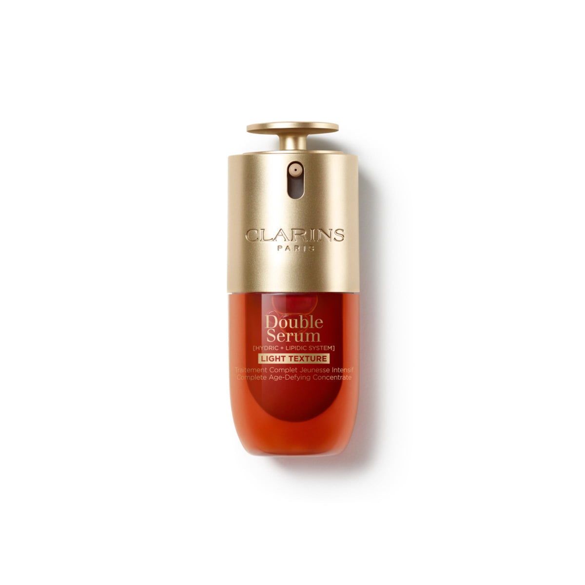 Clarins double serum light front packaging showing sleek bottle and branding benefits