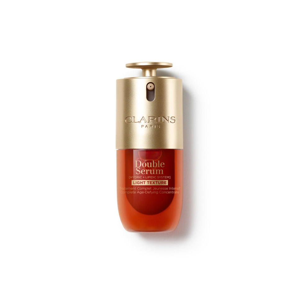 Clarins double serum light front packaging showing sleek bottle and branding benefits