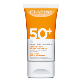 Clarins dry touch face sunscreen front packaging showing SPF 50+ and compact tube benefit