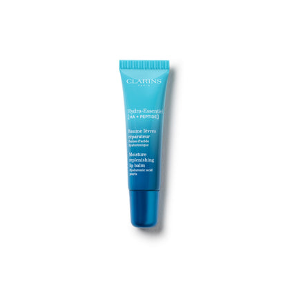 Clarins Hydra‑Essentiel front packaging showing the balm tube and branding, highlights quick plumping benefit