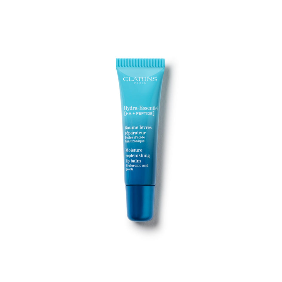 Clarins Hydra‑Essentiel front packaging showing the balm tube and branding, highlights quick plumping benefit