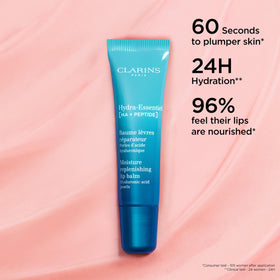 Clarins Hydra‑Essentiel applied on lips demonstrating smoother, fuller looking lip appearance