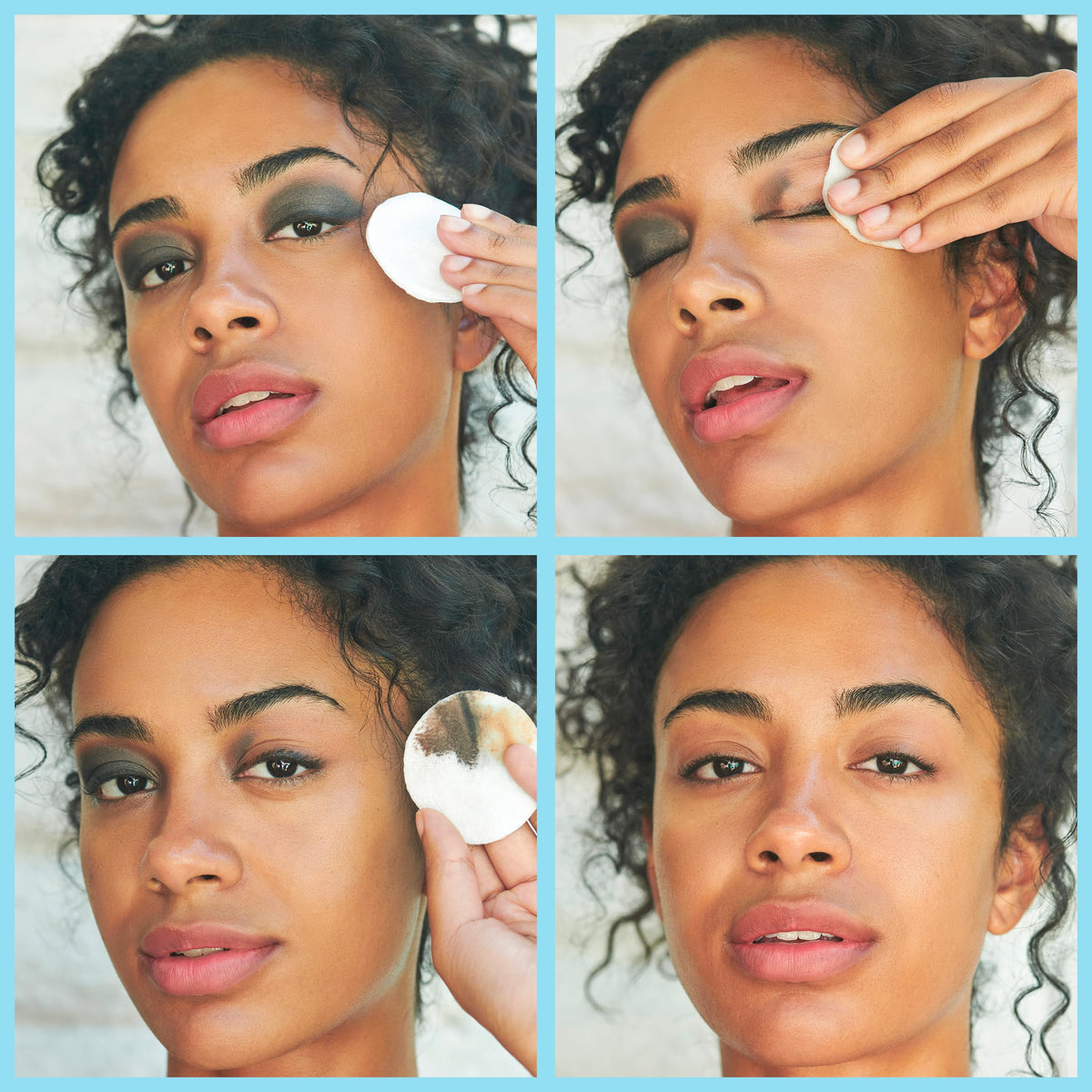 Clarins remover on cotton pad held to eyelid, removes mascara gently and safely