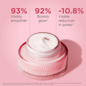 Clarins jar top view highlighting cream surface and quick-absorbing texture benefit