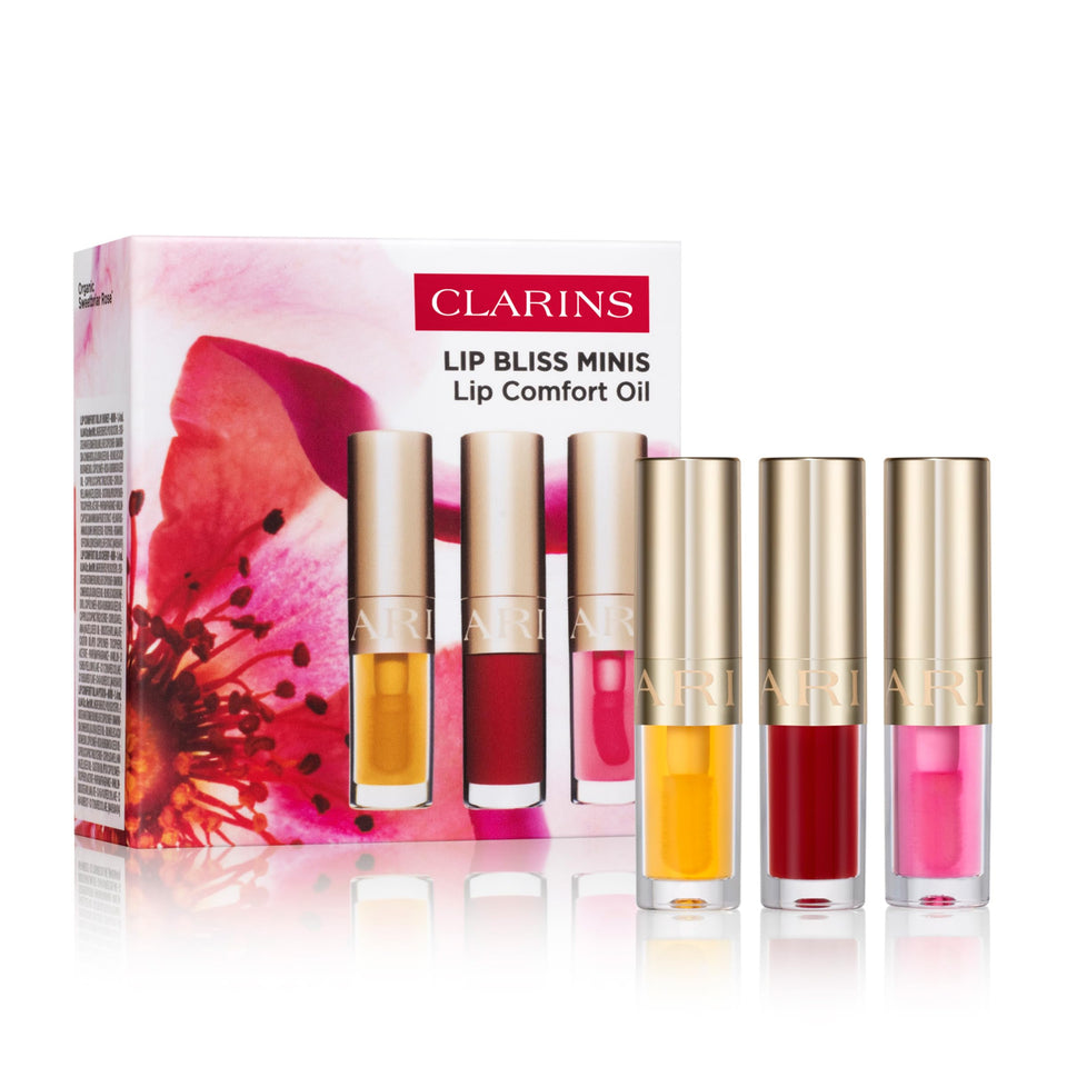 Clarins front packaging trio showing limited edition set and shades, ideal for travel