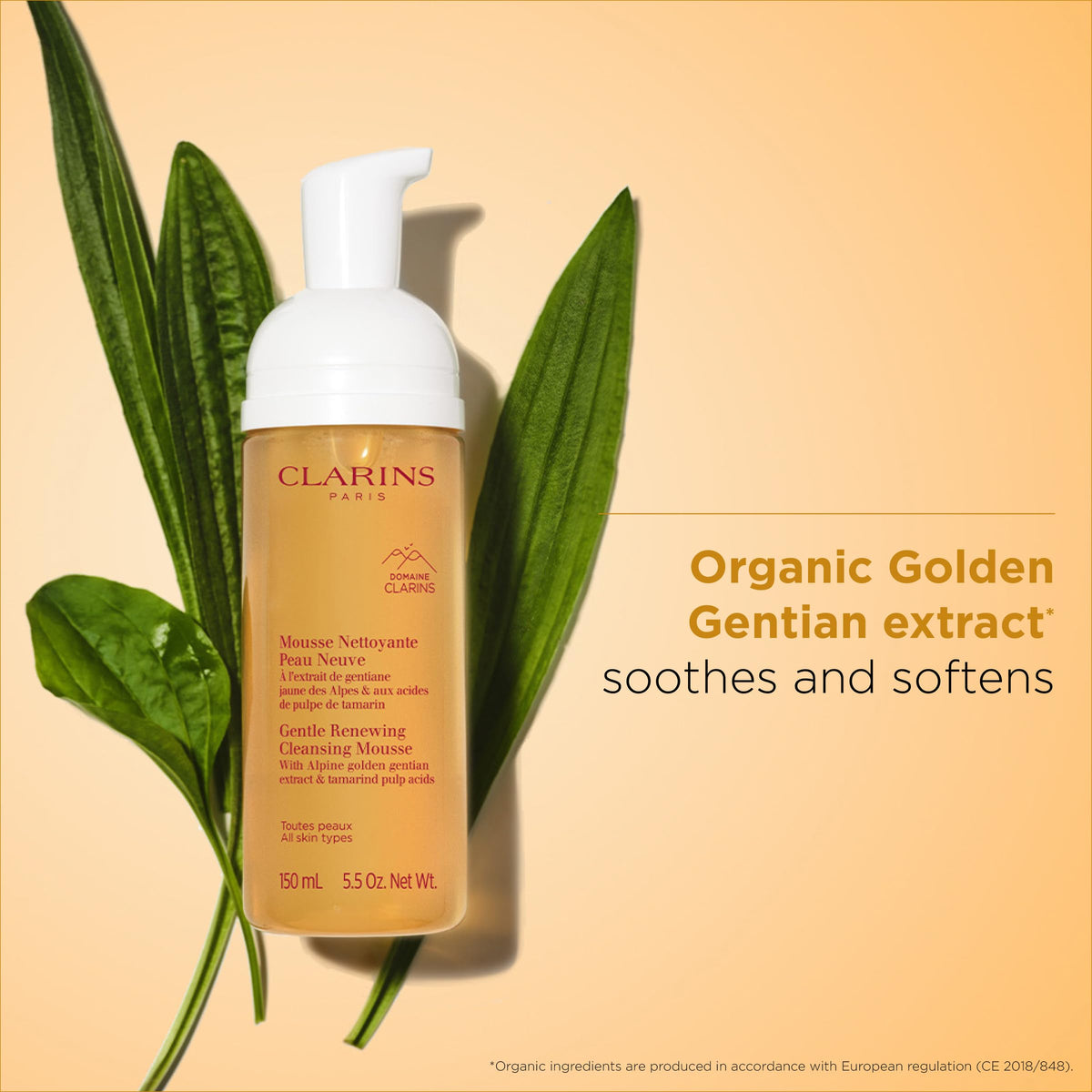 Clarins foam on hand illustrating airy lather that lifts makeup and impurities