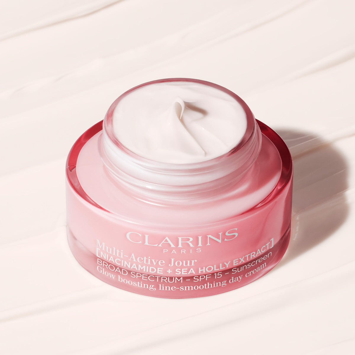Clarins SPF 15 label detail highlighting sun protection benefit in morning use
