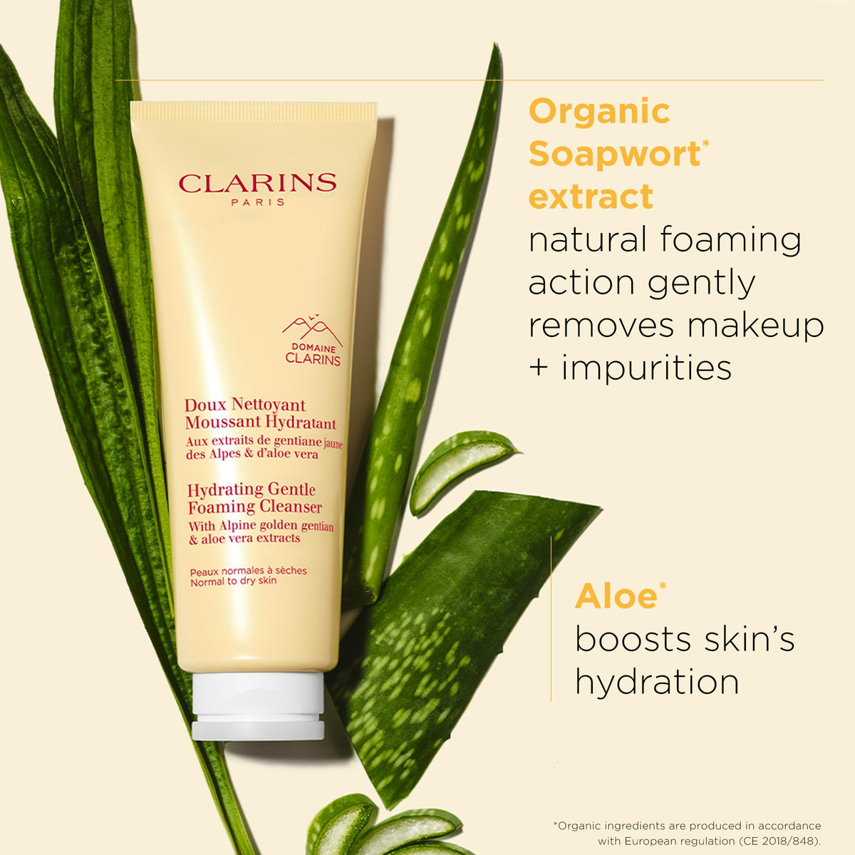 Clarins applying cleanser to neck and décolleté showing coverage and soothing effect