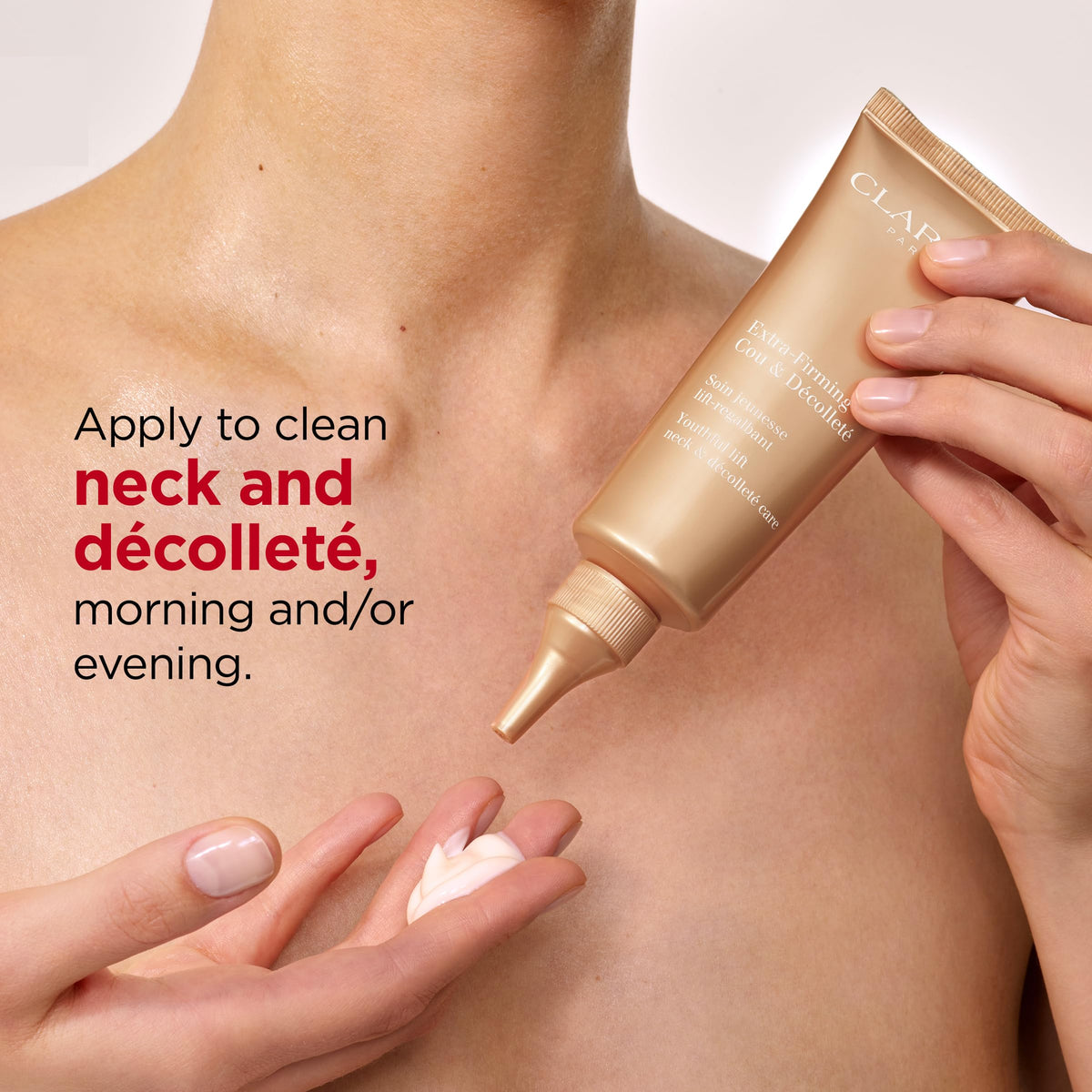 Clarins before and after comparison showing improved neck firmness