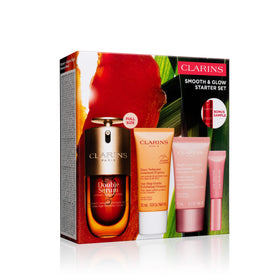 Clarins five-piece product lineup flatlay showing a complete simple skincare routine