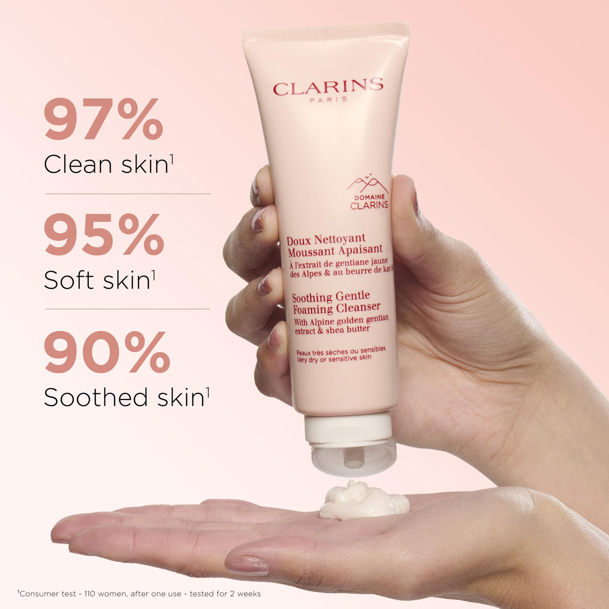 Clarins pump closeup dispensing foam with controlled amount, reduces waste and irritation