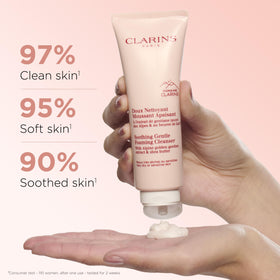 Clarins pump closeup dispensing foam with controlled amount, reduces waste and irritation