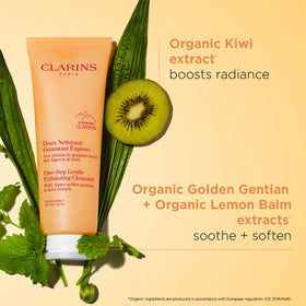 Clarins cleanser foam on hand illustrating quick lather and easy rinse