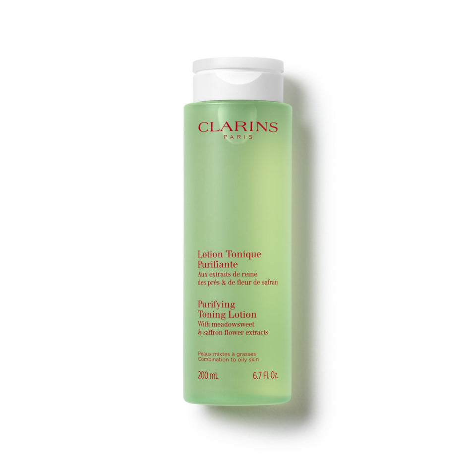 Clarins purifying toning lotion front bottle shows sleek packaging and clear benefits