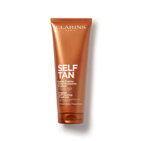 Clarins front packaging showing elegant sunless tanner and benefits