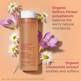 Clarins close-up label highlighting camomile and plant ingredients