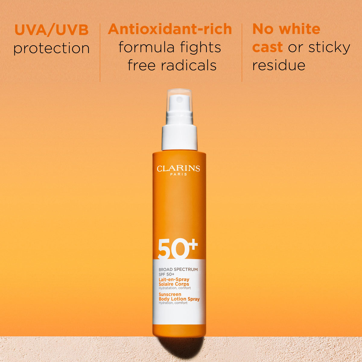 Clarins spray nozzle in use for quick body application and even coverage