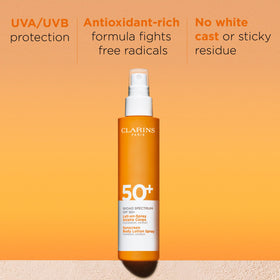 Clarins spray nozzle in use for quick body application and even coverage