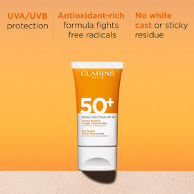 Clarins sunscreen texture close-up showing lightweight matte finish and quick absorption