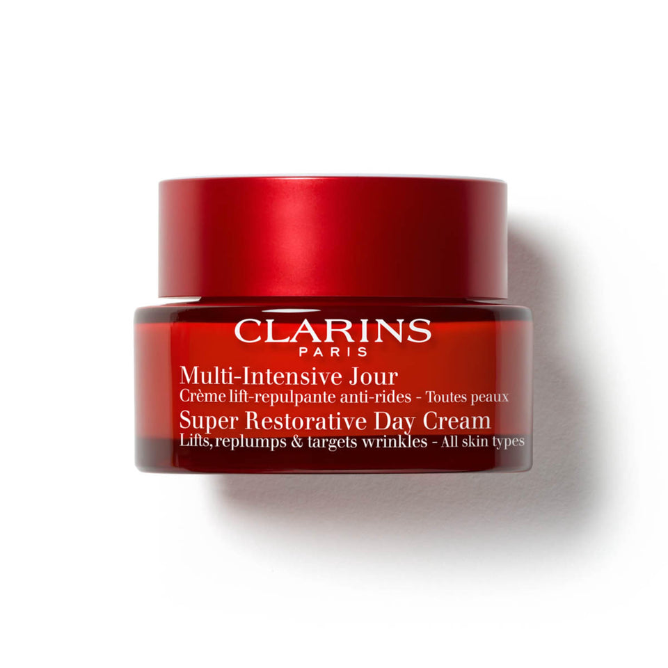 Clarins Super Restorative front jar showing elegant packaging and anti-aging benefits