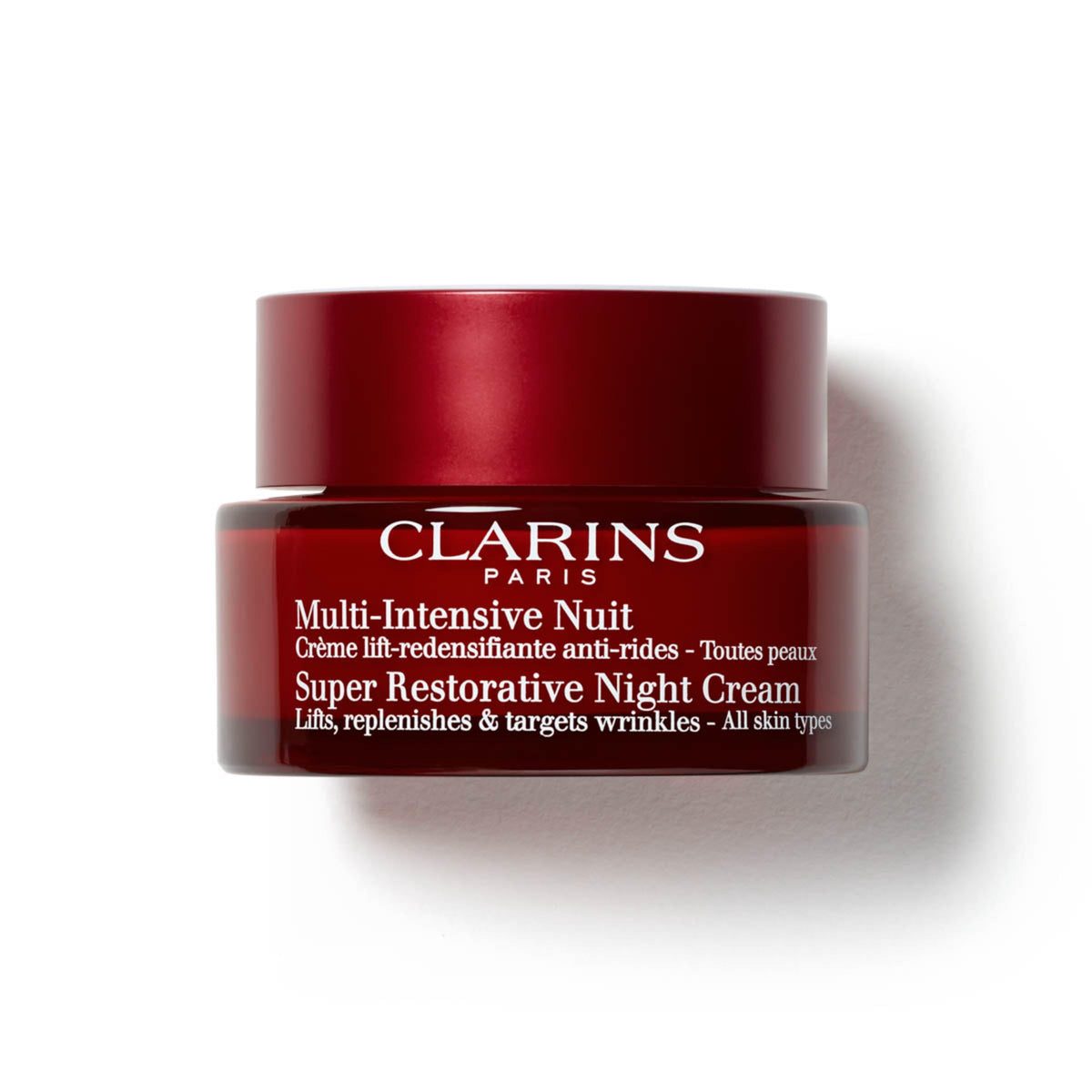 Clarins front packaging showing elegant jar and product identity benefits