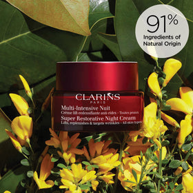 Clarins jar label closeup displaying product name and restorative benefits