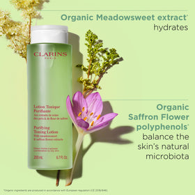 Clarins toner texture pouring from bottle illustrating lightweight, fast-absorbing feel