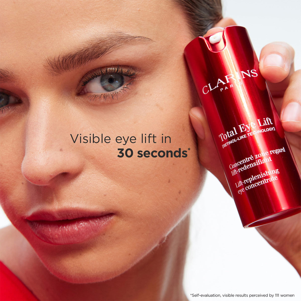 clarins total eye lift jar on bathroom shelf emphasizing daily routine benefit