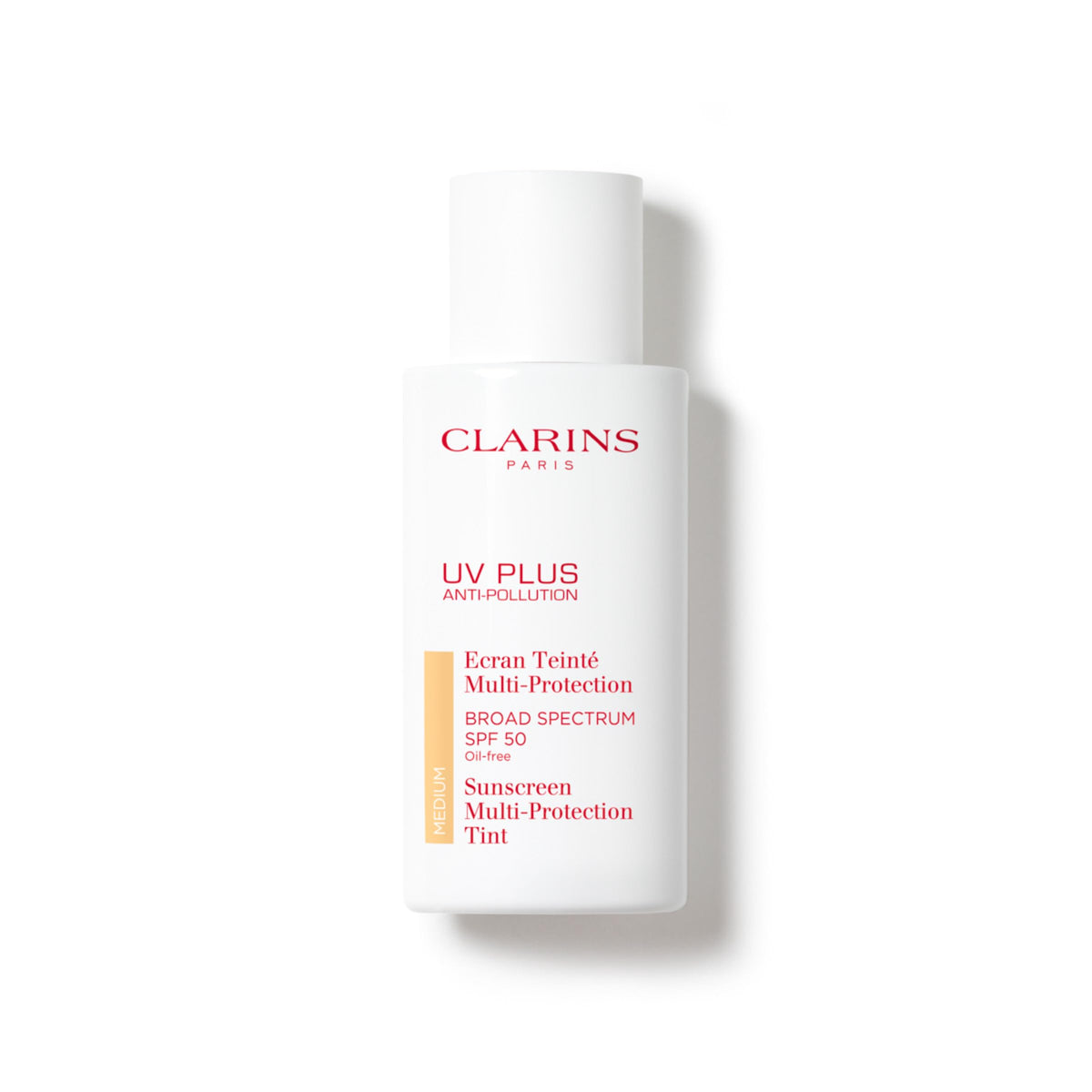 Clarins front packaging showing SPF 50 and tinted finish for quick identification and protection