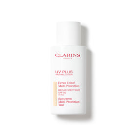 Clarins UV Plus front packaging showing SPF 50 and sheer tinted finish benefit