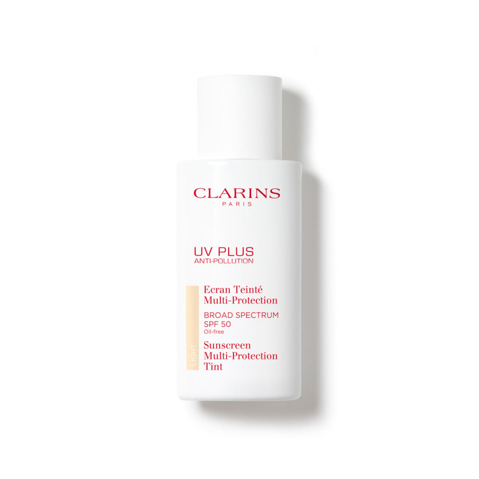 Clarins UV Plus front packaging showing SPF 50 and sheer tinted finish benefit
