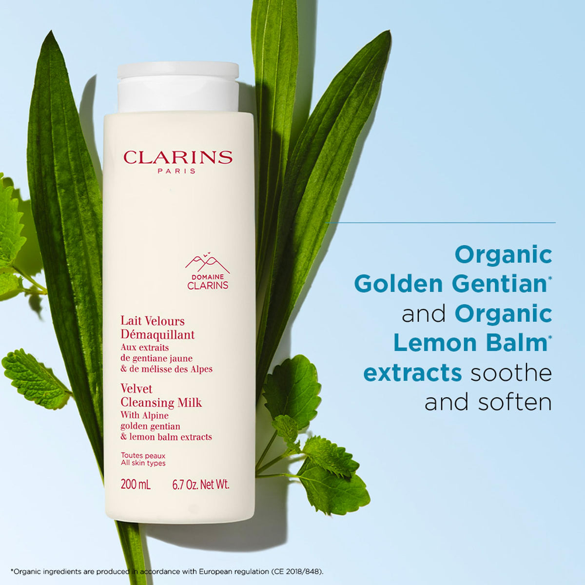 CLARINS creamy texture on fingertip highlighting hydrating, non-stripping feel