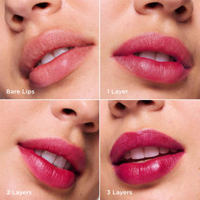 Clarins on model lips showing long-lasting violet color payoff