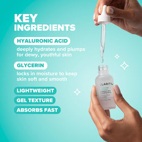 ClarityRx close-up of clear serum drop highlighting lightweight, non-sticky texture