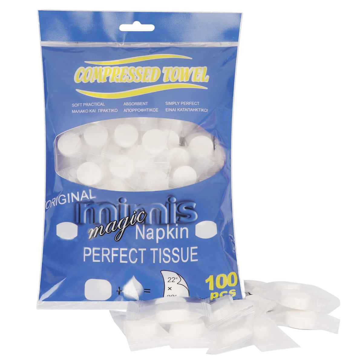Classycoo front packaging showing 100-piece blue compressed towels, convenient for travel