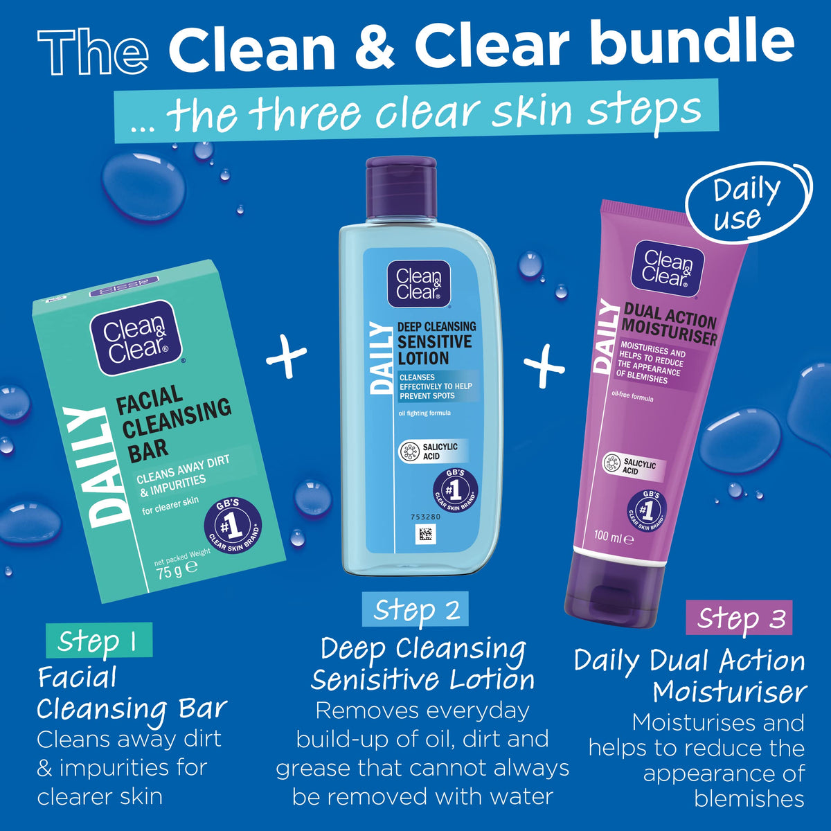Clean & Clear on bathroom shelf in routine setup showing everyday hydration benefit