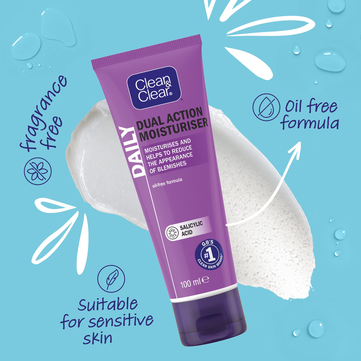 Clean & Clear dispensing moisturiser from tube illustrating easy application